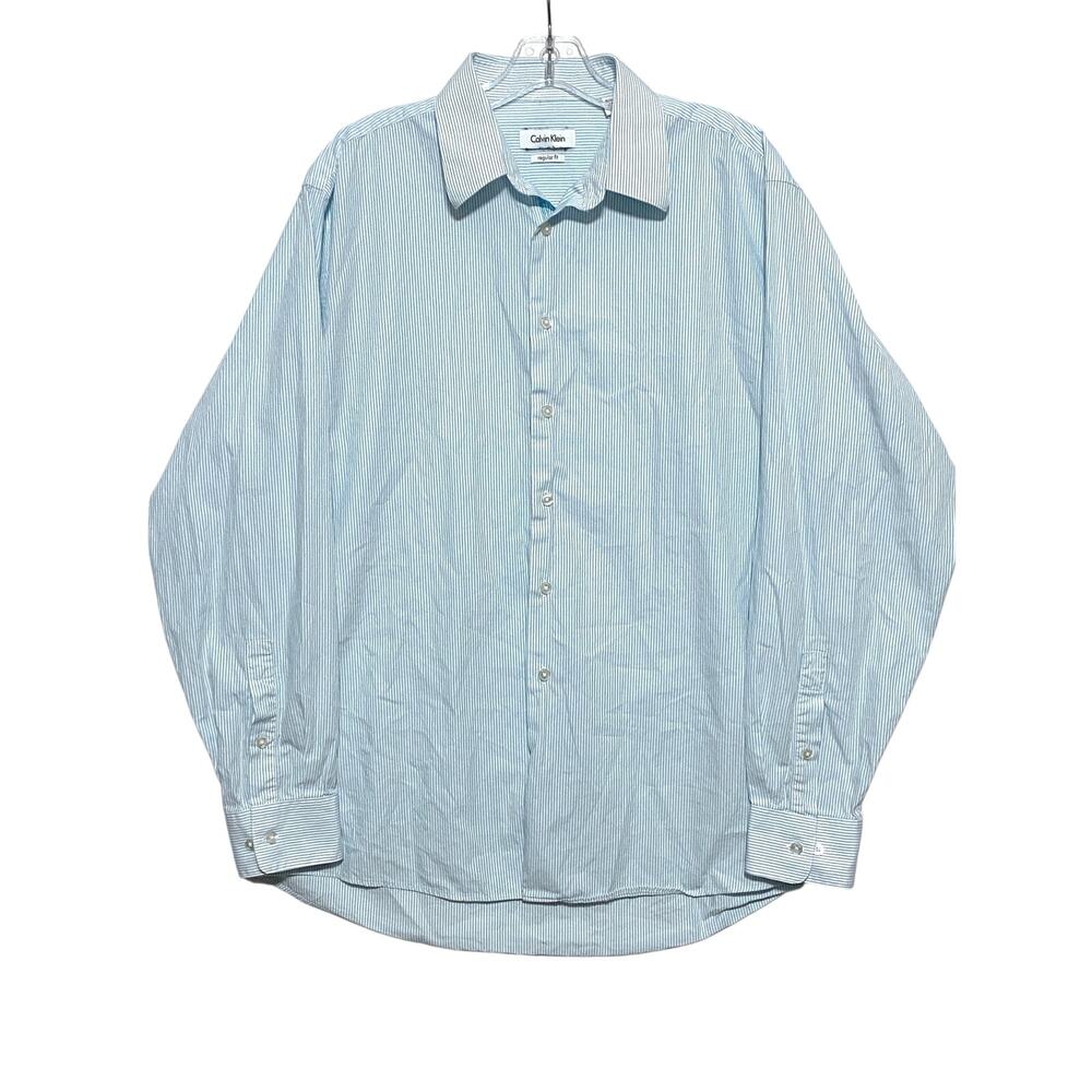Calvin Klein Regular Fit Blue Striped Seersucker Dress Shirt Mens 16.5 34-35
